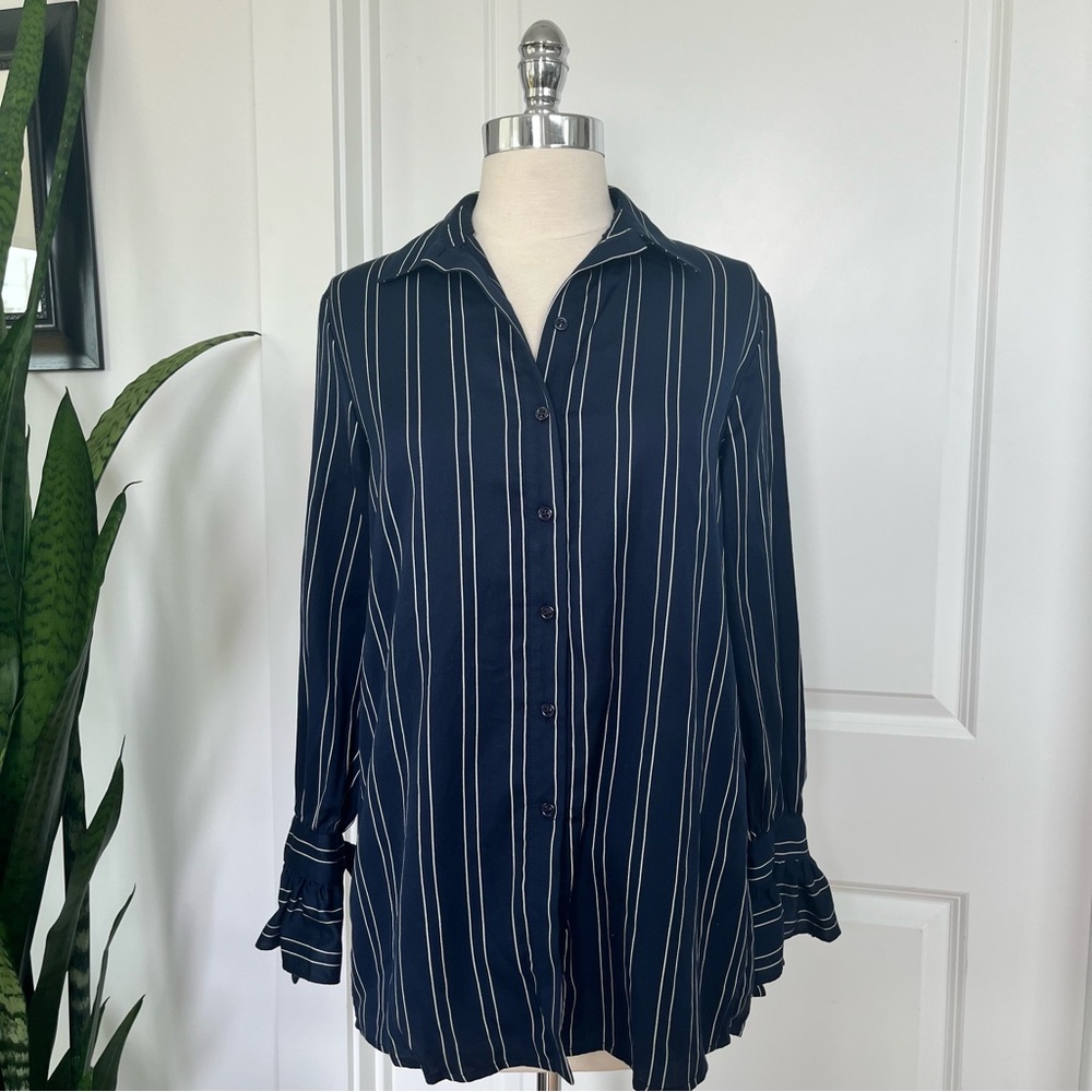 Anthropologie Navy Blue Striped Blouse with Tie Sleeves